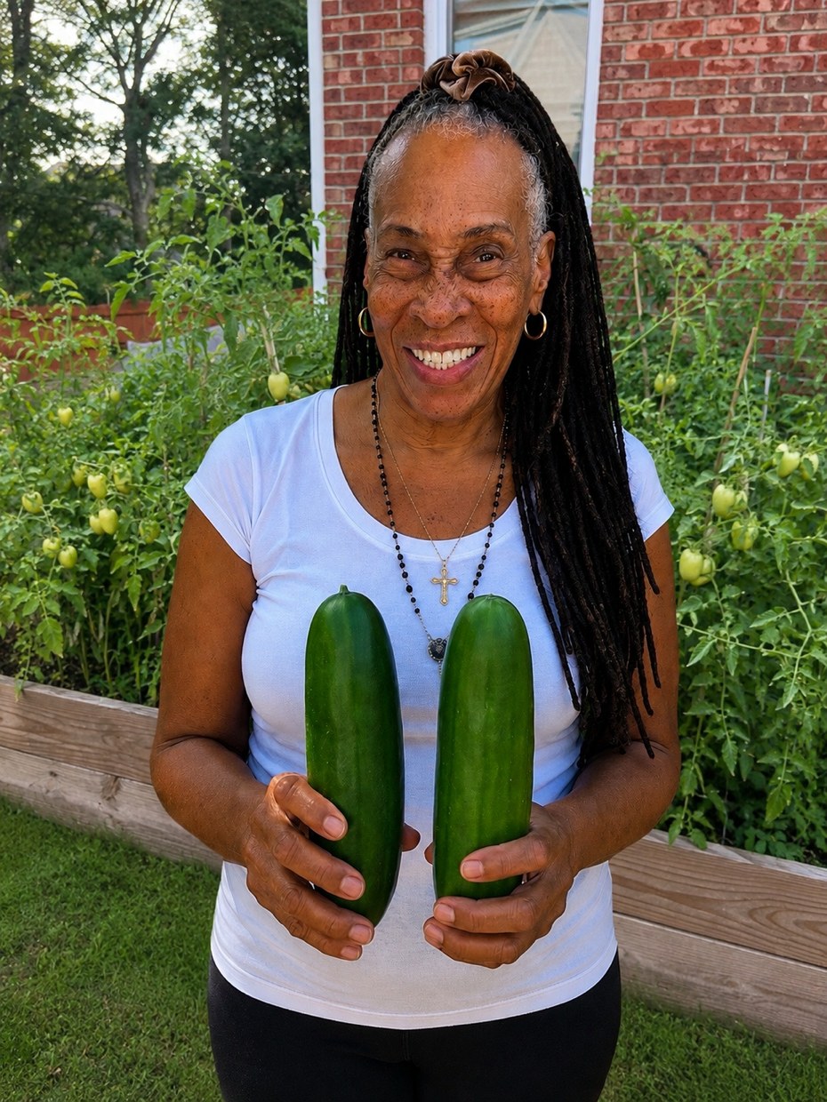 Grandma smiling in front of the raised beds, holding two freshly picked cucumbers.