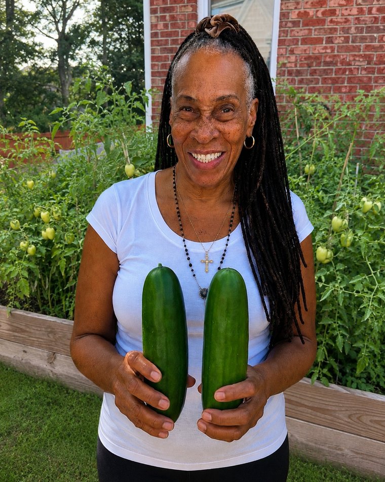 Grandma smiling in front of the raised beds, holding two freshly picked cucumbers.